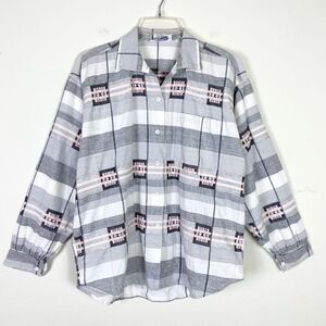 Vintage Angelique White & Grey Plaid Stitched Long Sleeve Button Up Shirt Size L